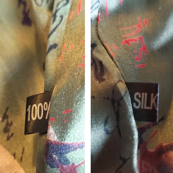 100% Silk Green Asian Motif Scarf - Picture 6 of 6